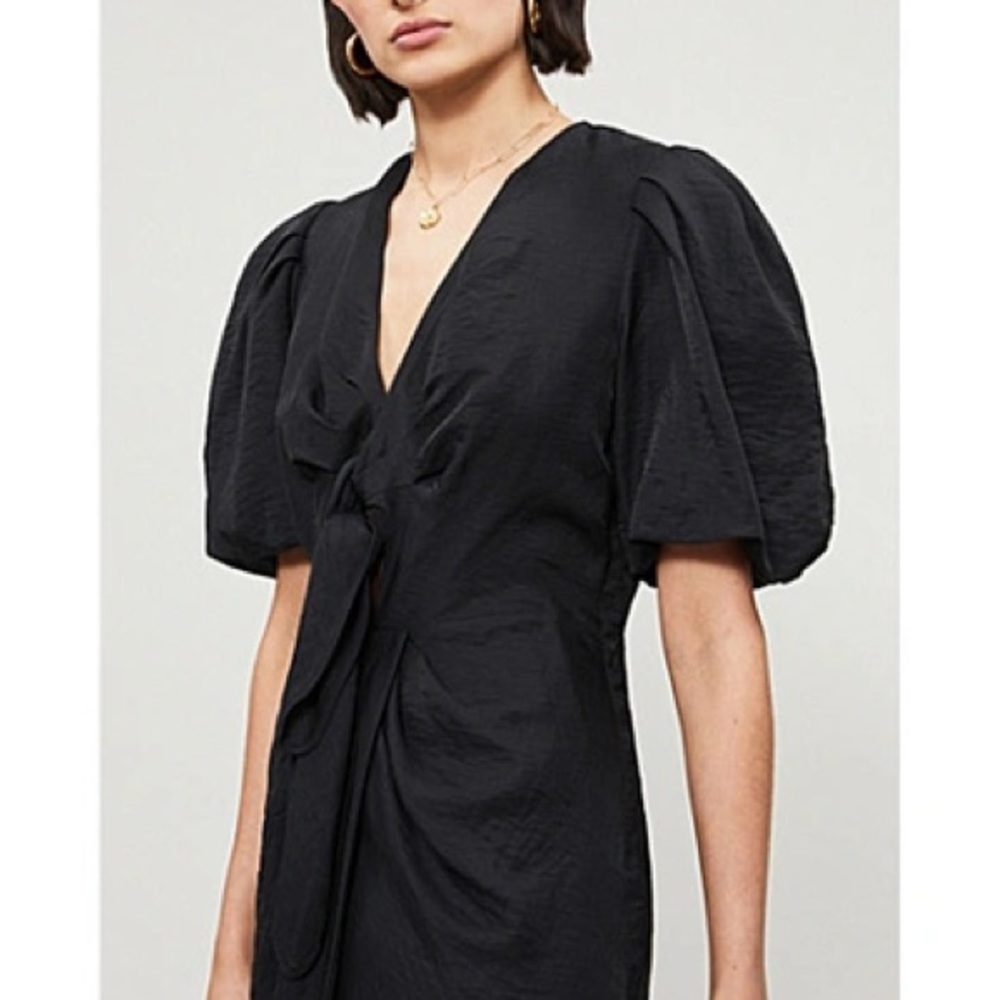 SANDRO Black Linen Tie Front Puff Sleeve Wrap Skirt Bloane Blum Midi Dress S - Picture 11 of 17